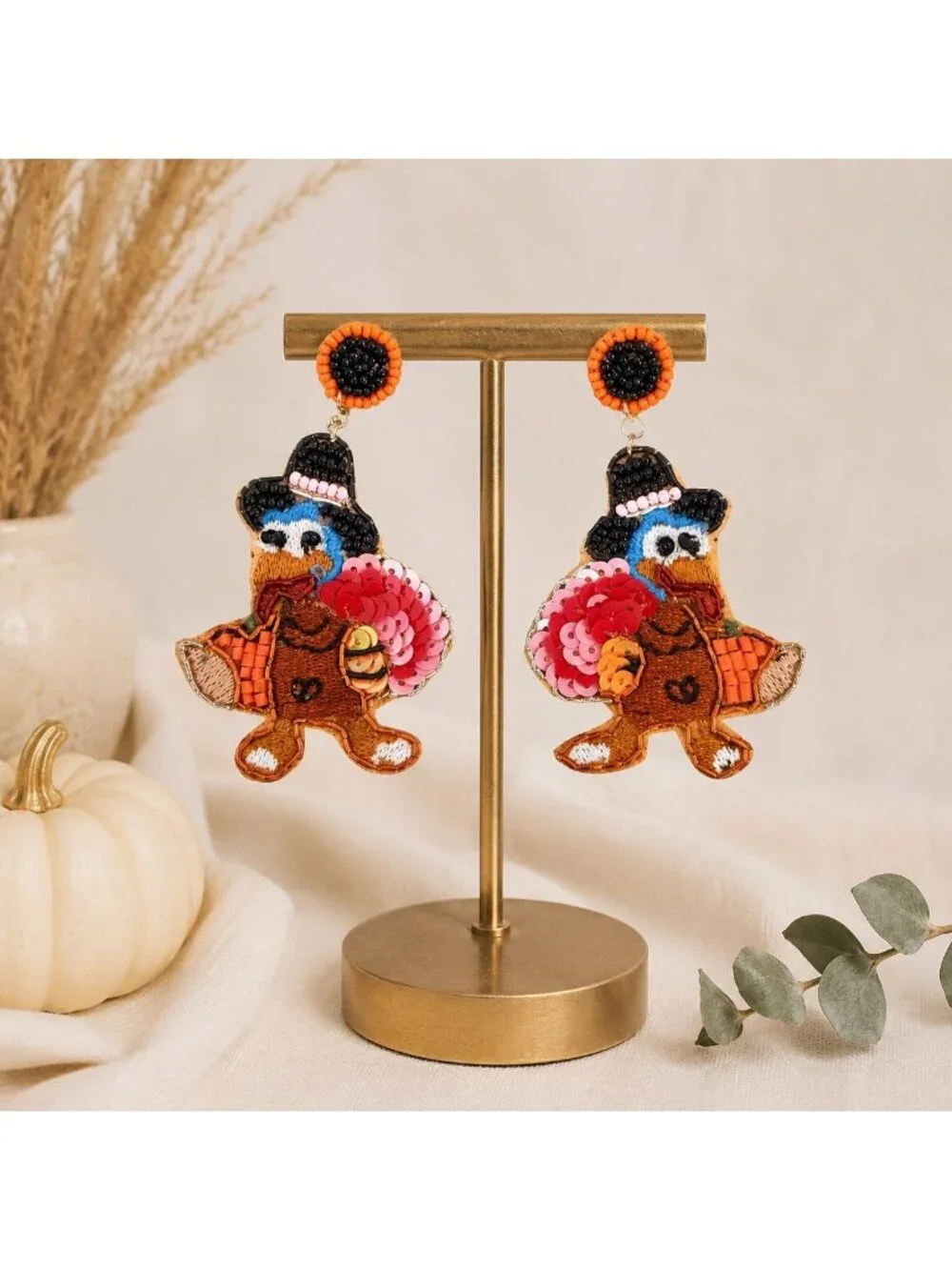 Artisan Handmade Thanksgiving Turkey Earrings Seed Beaded Fall Statement Dangle